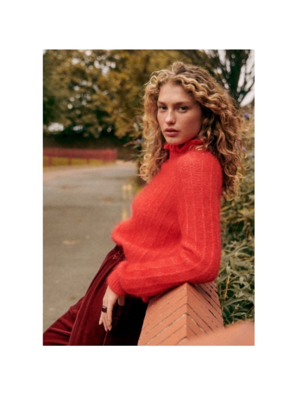 SEZANE Bright Red Mohair Merino Wool Knit Ruffle High Neck Sweater Loris Jumper